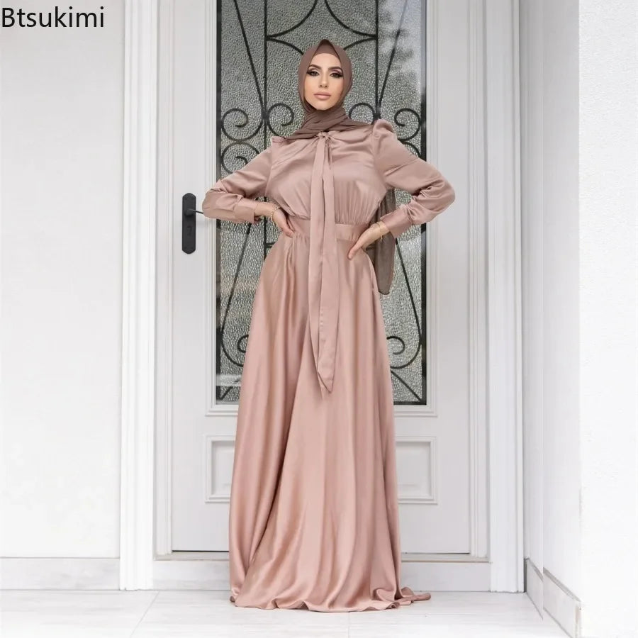 Elegant Satin Dress for Women Muslim Fashion Abaya Hijab Dubai Turkey Evening Dresses Arabic Kaftan Robe Female Islamic Clothing.