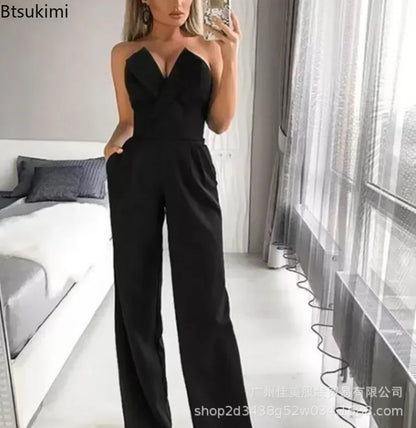 2025 Women's Elegant Jumpsuits Solid Off Shoulder Sexy Club Jumpsuit Female Sleeveless High Waist Slim Wide Leg Jumpsuit Pants.