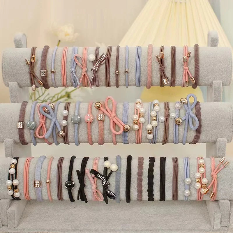 50/12PCS  Women Elastic Hair Ties Pearls Fashion Girls Scrunchies Ponytail Holder Rubber band Hair Rope Hair Accessories