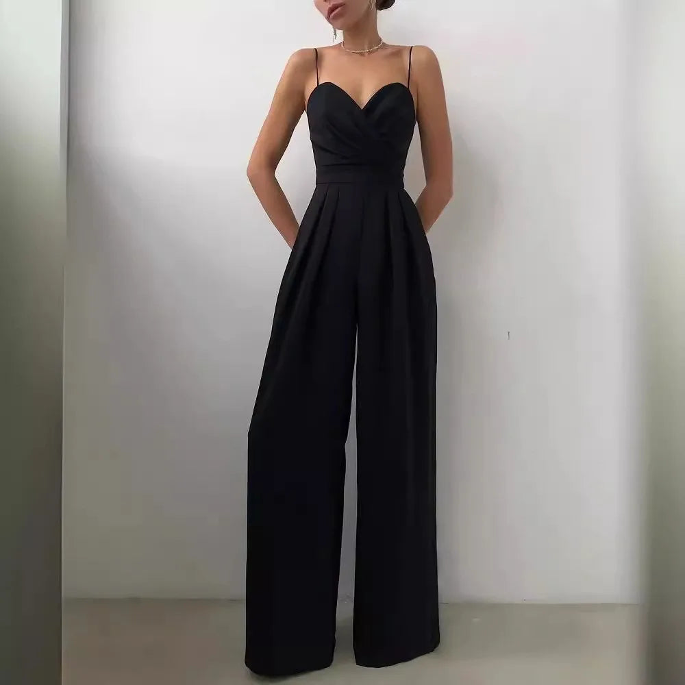 Summer Sexy Suspender Women's Jumpsuits Fashion Pleated Elegant Ladies Wide-leg Jumpsuits Trousers For Woman Party Rompers 2025.