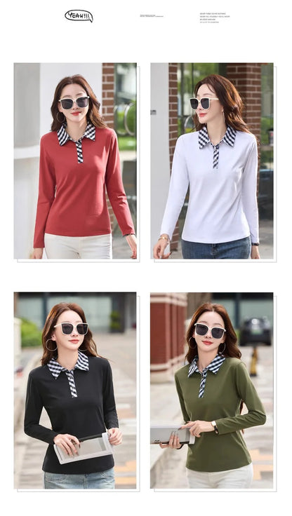 European station lapel long sleeved t-shirt women's new high-end fashion light luxury casual plus size spring and autumn top.