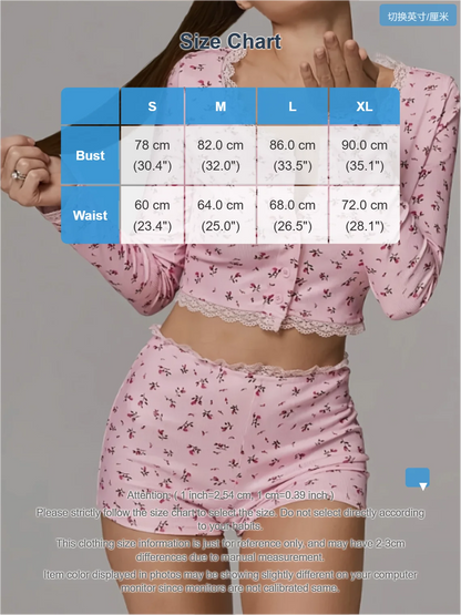 Damen-Pyjama-Set mit Blumenspitzenbesatz, vorne, kurzärmliges Oberteil und Shorts, lässige, bequeme Nachtwäsche