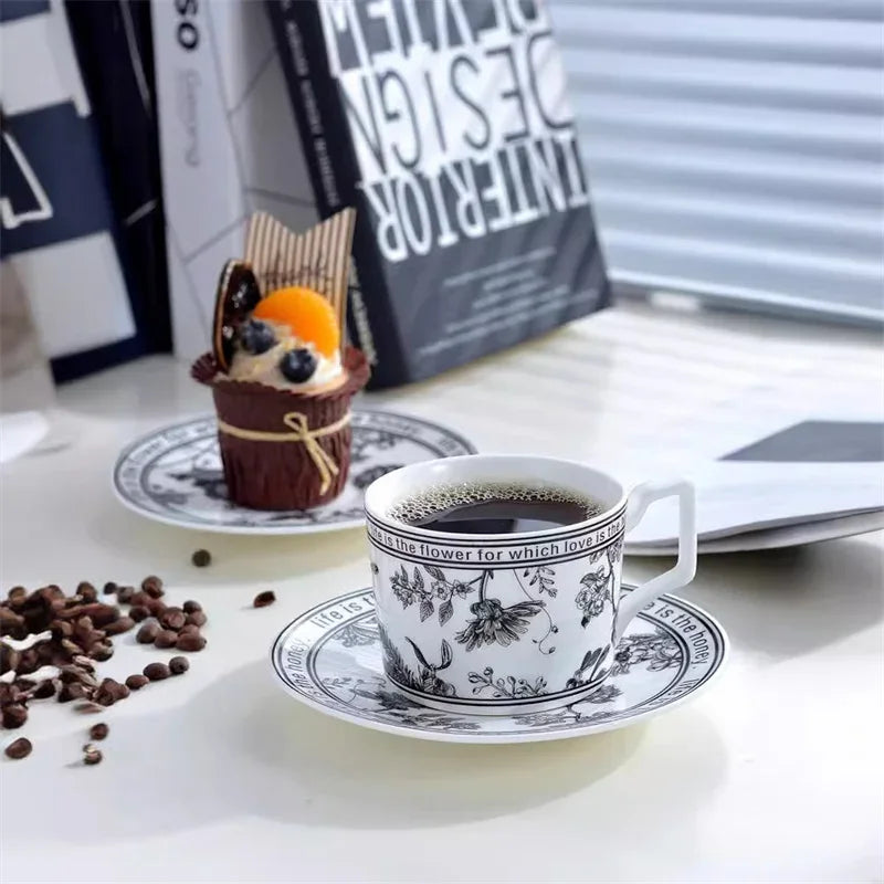 Vintage Elegant Ceramic Mug Floral bird pattern Coffee Cup and Saucer Afternoon Tea Cup Dessert Tray Exquisite Gift Water Cup.