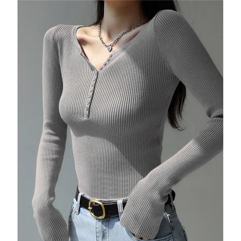 2026 weibliche Casual Tops Pullover Warme V-ausschnitt Frauen Herbst Winter Gestrickte Dünne Pullover Feste Taste Volle Hülse Pullover