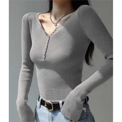 2026 weibliche Casual Tops Pullover Warme V-ausschnitt Frauen Herbst Winter Gestrickte Dünne Pullover Feste Taste Volle Hülse Pullover