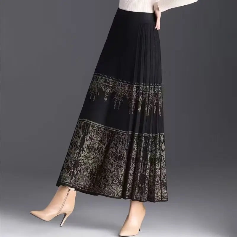 FairyShely Pleated Knitted Skirt For Women 2025 Autumn Winter Warm High Waist Long Skirts Ladies Plus Size Black A-line Skirt.