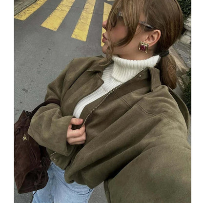 MUJER 2025, Wildleder-Bomberjacken für Damen, Oberbekleidung, übergroße Jacke, Damen-Streetwear, Reißverschluss, Damenmäntel, gepolsterte Varsity-Jacken