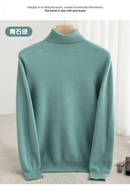 Men 100% Merino Wool Sweater Turtleneck Knitted Pullover Cashmere Warm Solid Color Clothes Business Bottoming Tops Autumn Winter