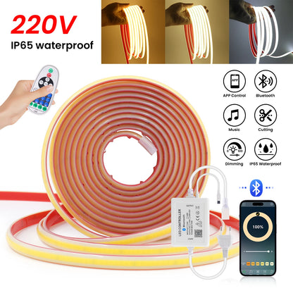 COB LED Strip Dimmable 220V 288LEDs/m Wall Touch Wifi Bluetooth Remote Control Power Kit Waterproof Silicone Tube Adhesive Tape.
