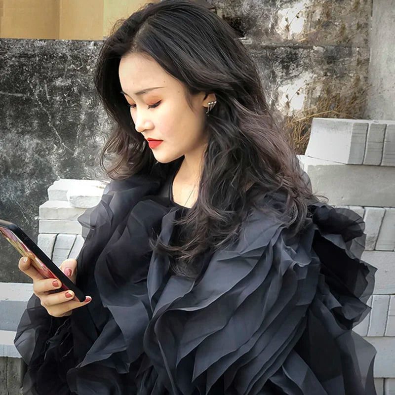 TWOTWINSTYLE Elegant Patchwork Ruffles Chiffon Blouses Women O Neck Lantern Long Sleeve Loose Shirt Female Clothing Fashion.