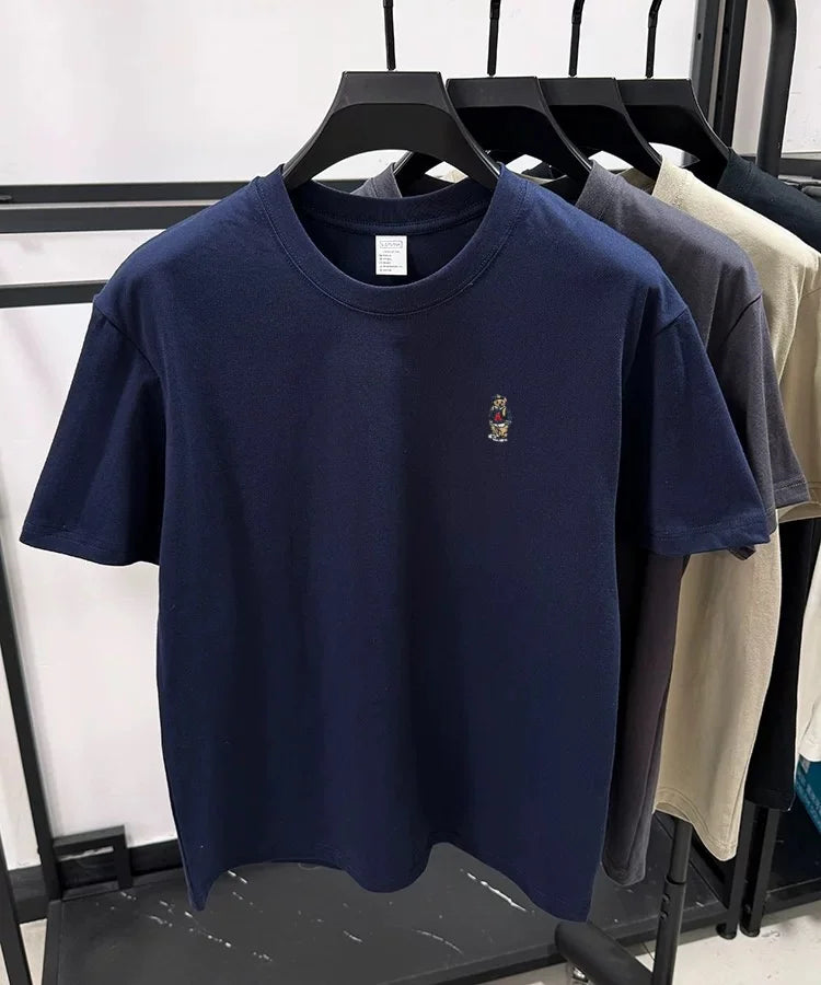 Light luxury 100% cotton men's T-shirt short sleeve round neck skin friendly comfort fashion brand cartoon bear embroidered top.