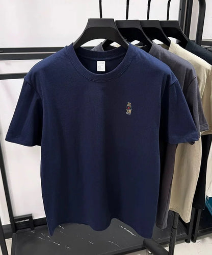 Light luxury 100% cotton men's T-shirt short sleeve round neck skin friendly comfort fashion brand cartoon bear embroidered top.