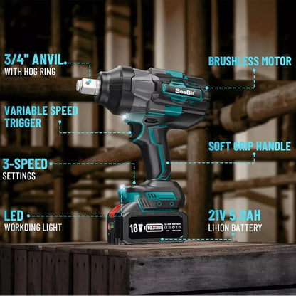 Seesii 1600NM Akku-Schlagschrauber-Set, bürstenloser elektrischer Schraubenschlüssel, 3/4 Zoll Schlagpistole mit 3/4 Zoll bis 1/2 Zoll Adapter, LKW-Auto-Reparaturwerkzeuge