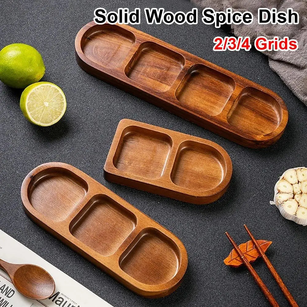 1Pcs New 2/3/4 Grids Solid Wood Tray Wooden Retro Food Plate Spice Dish Breakfast Food Sushi Bread Dessert Sauce.