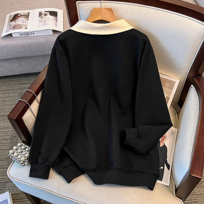 170 kg Plus Size Damen-Büste 170 Frühling Herbst Loose Diamond Collared Sweatshirt Schwarz 4XL 5XL 6XL 7XL 8XL 9XL