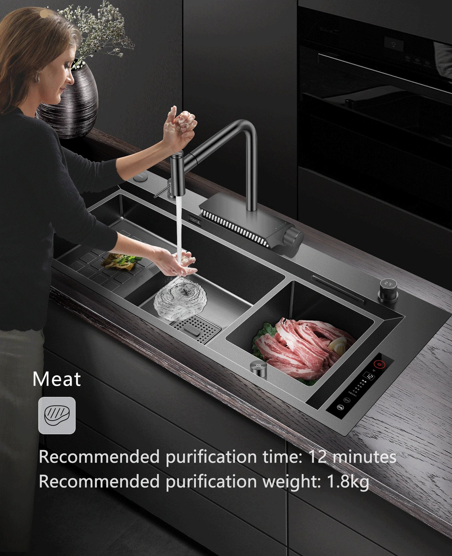 ASRAS high-quality 304 stainless steel multifunctional kitchen sink intelligent food purification large-sized sink nano gray