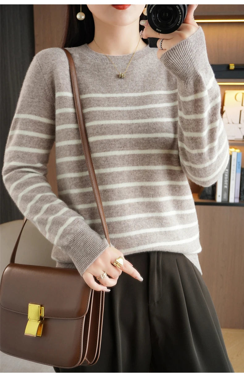 Herbst Winter neue Frauen O-Ausschnitt Farbe Streifen Pullover Wolle Mischung Mode weichen warmen Pullover Kaschmir lose lässig Strick Base Top