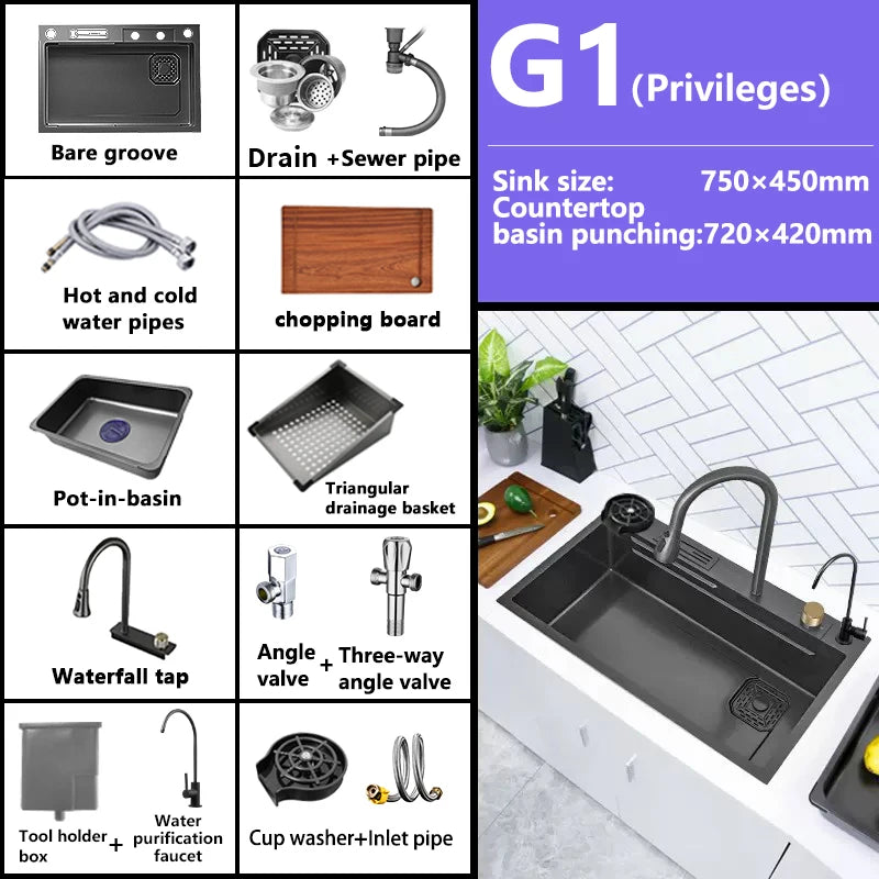 Waterfall Sink Kitchen Stainless Steel Topmount Sink Large Single Slot Wash Basin With Multifunction Touch Waterfall Faucet