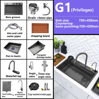 Waterfall Sink Kitchen Stainless Steel Topmount Sink Large Single Slot Wash Basin With Multifunction Touch Waterfall Faucet