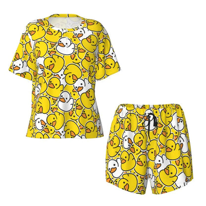 Benutzerdefinierte Frauen Gelb Klassische Gummi Ente Pyjamas Set Gedruckt Zwei-stück Pj Sets Kurzarm Nachtwäsche Loungewear