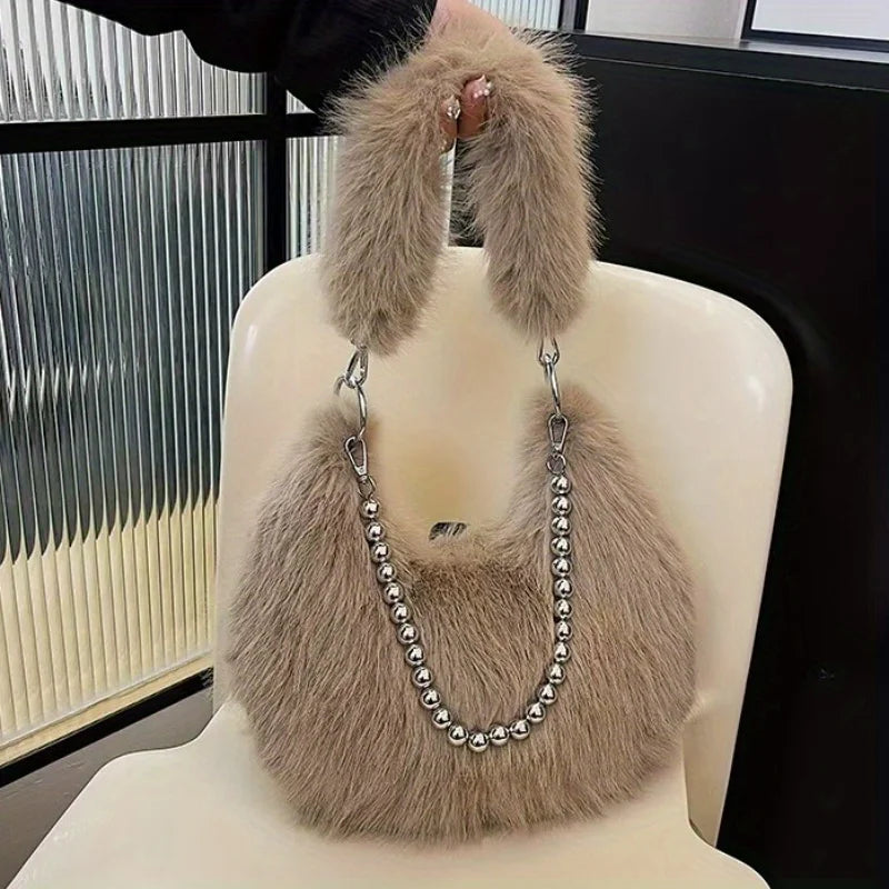 Luxurious Faux Fur Tote Bag Chic Underarm Shoulder Bag Stylish Handbag & Purse with Pearl Chain Strap, Polyester Lined Interior.
