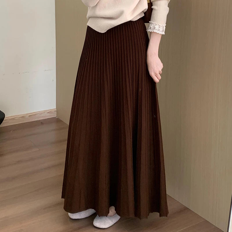 2026 Khaki Cashmere Knitted Midi Skirt for Women, Loose Fit, Draped, Slimming A-Line Pleated Skirt for Autumn and Winter