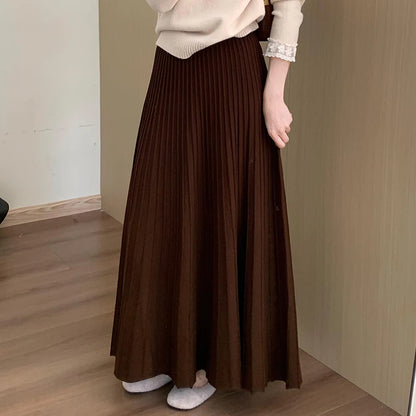 2026 Khaki Cashmere Knitted Midi Skirt for Women, Loose Fit, Draped, Slimming A-Line Pleated Skirt for Autumn and Winter