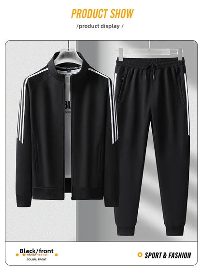 New Casual Men's Sport Suit Striped Ankle-Length Cotton Stand Collar Jacket With Three Buttonts Slim Fit Pants 2-Piece Set.