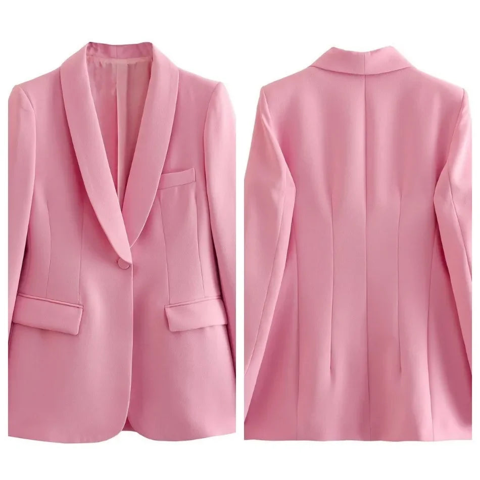 Women's Blazer New Spring Elegant Casual Office Lady Pink Jacket Coat Fashion High Waist Loose Wide Leg Trousers Pant Suit.