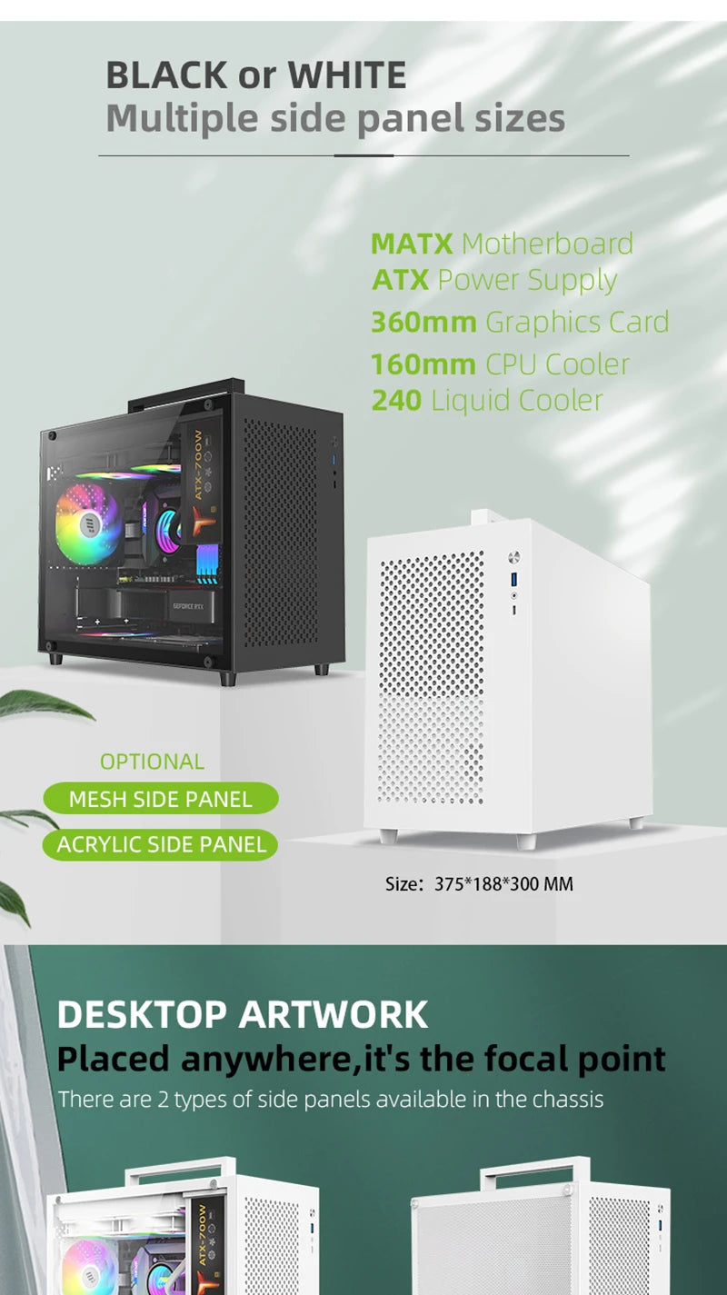 METALFISH S9 MATX Computer Case Gaming PC Chassis Support MATX/ITX/ATX PSU/240 Liquid Cooler/360mm GPU.