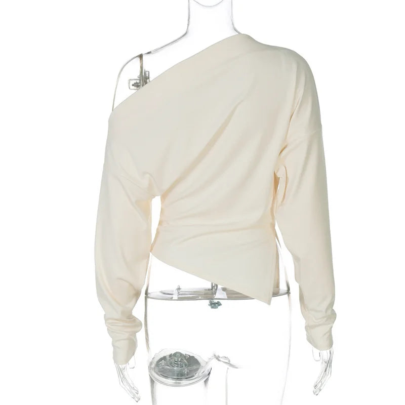 Mozision Inclined Shoulder Long Sleeve Sexy T-shirt Women Autumn Fashion Solid Skew Collar Backless Ruched Club Party T-shirts