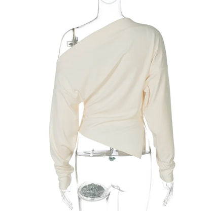 Mozision Inclined Shoulder Long Sleeve Sexy T-shirt Women Autumn Fashion Solid Skew Collar Backless Ruched Club Party T-shirts