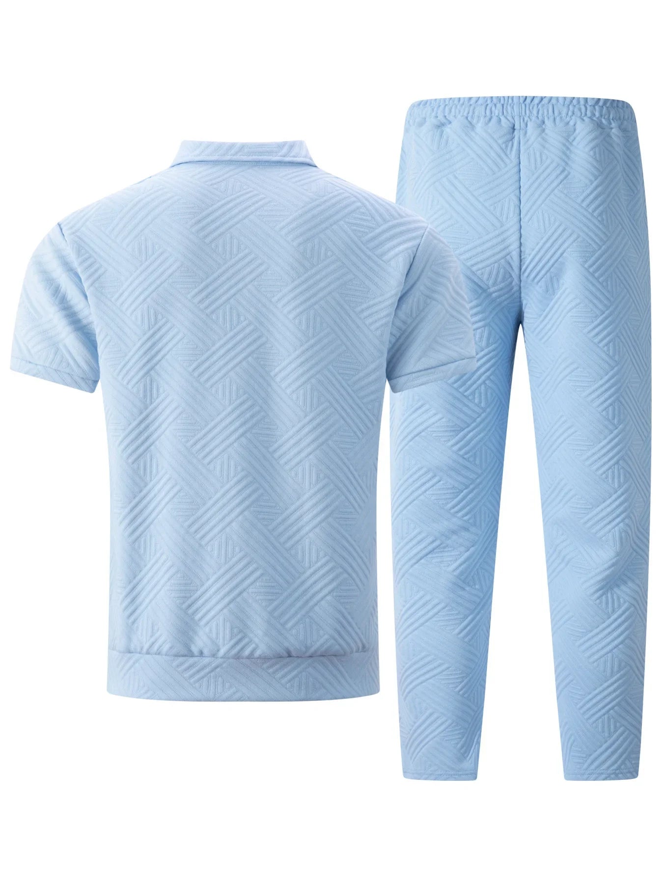 Men's Summer New Style Solid Color Knitted Short Sleeve Cardigan with Long Pants Casual Set Sporty Look from Mainland China.