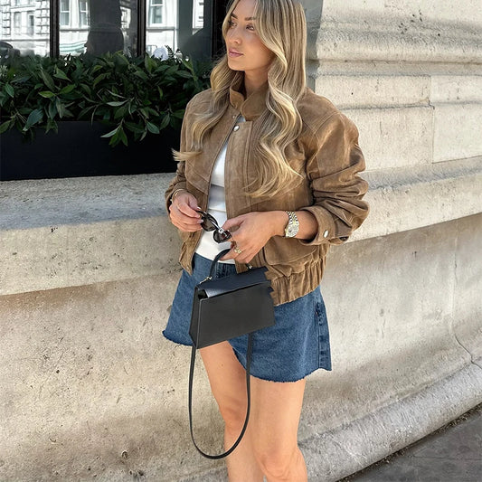 Retro-Jacke, modisch, Frühling und Herbst, lässig, lockere Tasche, langärmelig, trendig, cool, vielseitig, hochwertige Damen-Kurzjacke