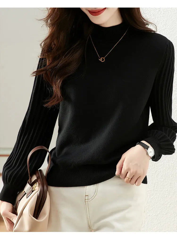 Women Half High Collar Base Sweater Autumn And Winter Casual Solid Knitted Tops Pit Stripe Long Sleeved Pullover Sweaters.