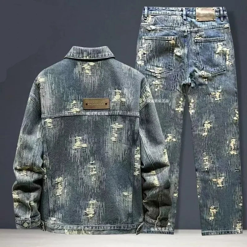 Spring Autumn New American Denim Coats Set Classic  retro Cowboy Jeans Trendy Two-Piece Sets Versatile Outerwear Casual Jacket.
