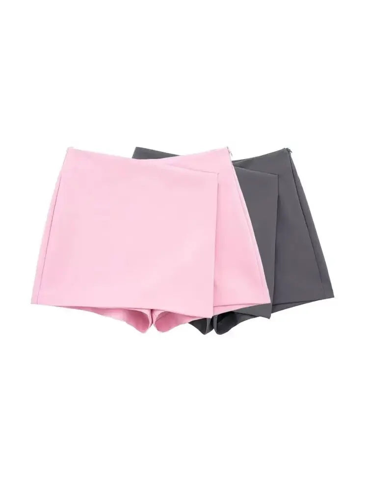Women Fashion Asymmetric Pareo Style Self Overlay Shorts Skirts Vintage High Waist Side Zipper Female Skort Mujer.