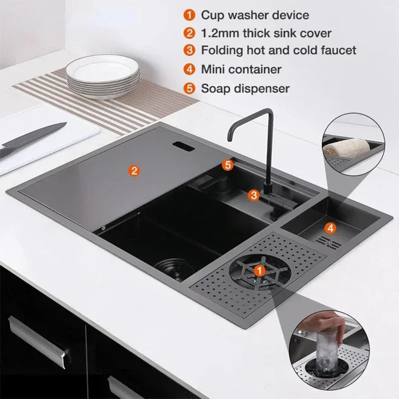 Black Concealed Kitchen Sink with Lid Stainless Steel Multifunctional Bar Built-In Vegetable Sink with Cup Wash Middle Downspout