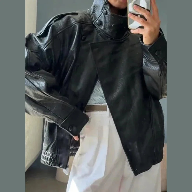 Street PU Leather Loose Jacket Women Fashion Solid Full Sleeve Stand Collar Single Breasted Coats Female 2025 Autumn Lady Coat.