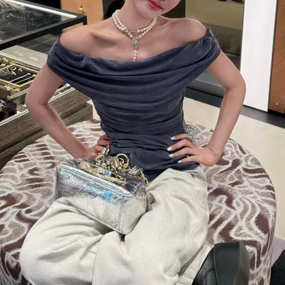 Women's Slim Top,Pleated Stretch One Shoulder Tank Top,Sexy Backless Swing Neck T-Shirt,High quality,Summer,New,2025.