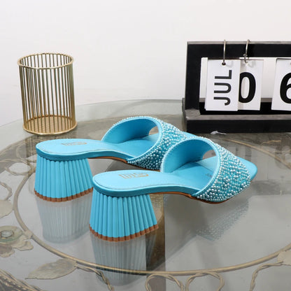 High-heeled slippers 2024 summer fashion new thick with square head luxurious ladies slippers coarse heel 6CM.