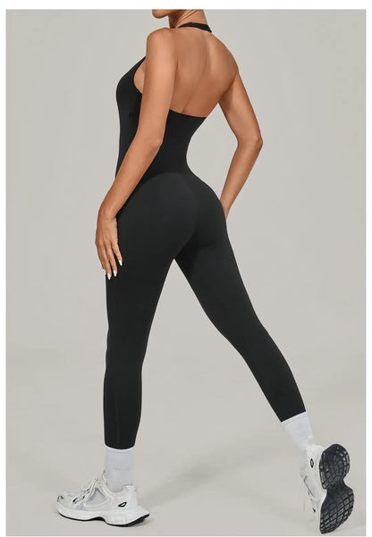 Yoga Jumpsuit Sports Fitness Peach Hip Halter Neck Backless Pants Bodysuit Outdoor Dance Jumpsuit Tight Yoga Wear for Women.