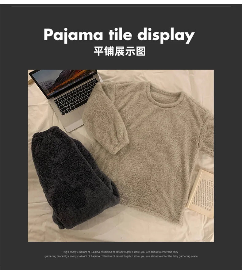 Winter Fleece Women Pajamas Set  Sleepwear Solid Velvet 2 Piece Pant Home Suit Fluffy Casual Warm Flannel Night Wear.
