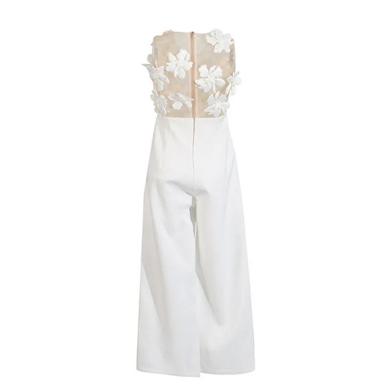 ZMEENNA Elegant White Floral Applique Jumpsuit For Women Sleeveless Wide Leg Romper With Sheer Mesh Top Perfect ZM726.