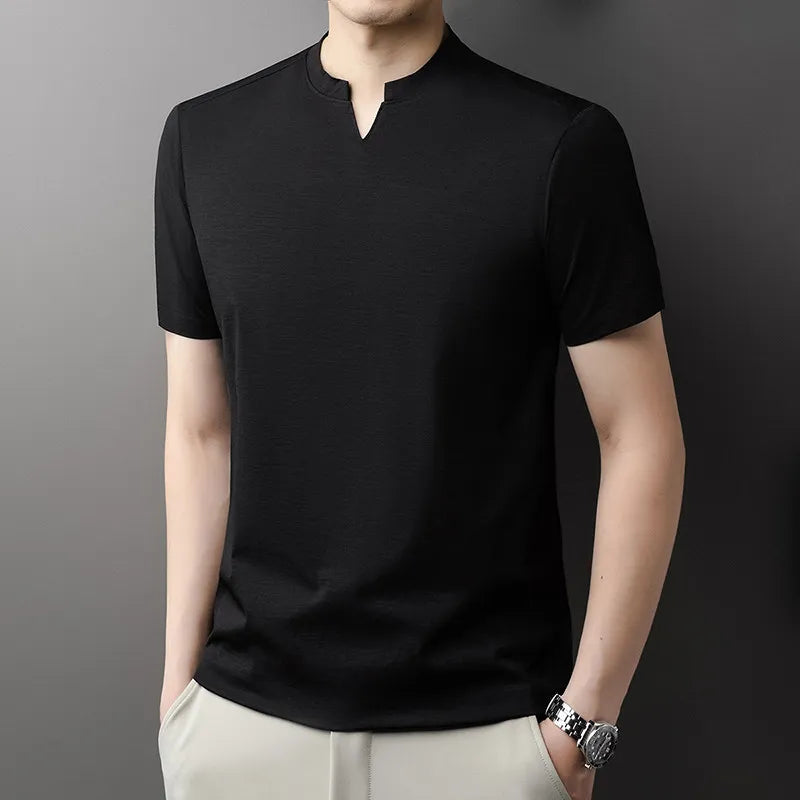 Korean Men's Casual and Fashionable Small V-neck Solid Color Short Sleeved T-shirt Comfortable Summer Versatile Top