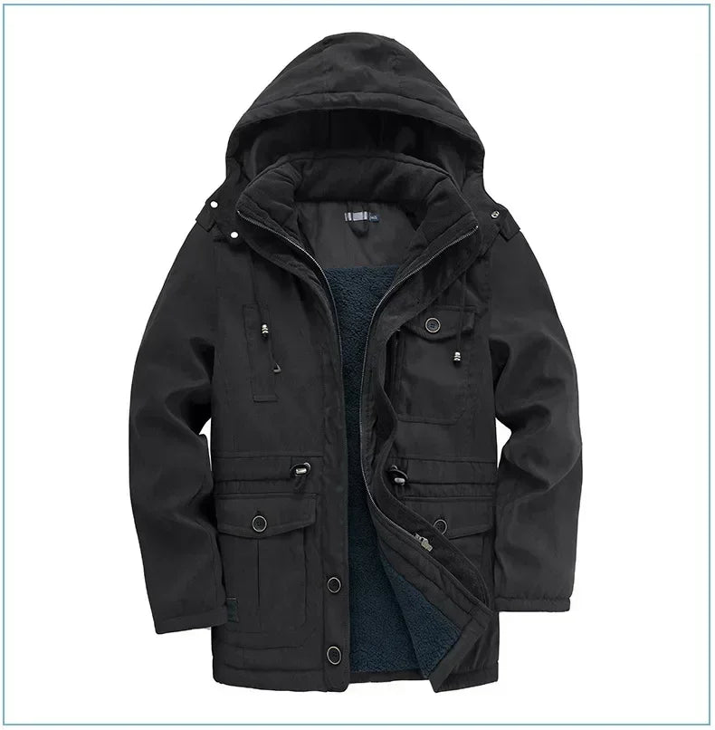 Men's Jacket WINTER USA SIZE Large SIZE Lamb Fleece JACKETS Hooded Cotton Thickened Multi Pocket Casual Mid length Coat