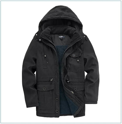 Men's Jacket WINTER USA SIZE Large SIZE Lamb Fleece JACKETS Hooded Cotton Thickened Multi Pocket Casual Mid length Coat