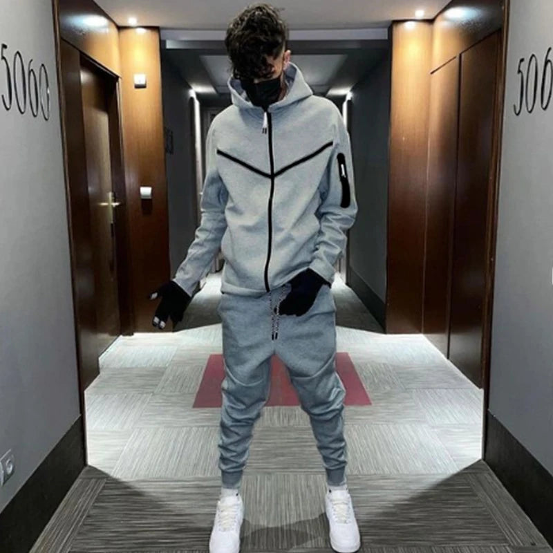 Fashion Solid Color Slim Two Piece Sets Men Fall Winter Casual Long Sleeve Zipper Hooded Sweatshirt And Pants Suits Mens Outfits.