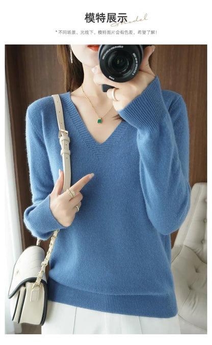 Neue Kaschmir frauen V-ausschnitt Pullover Spitze Neck Aushöhlen Design Beiläufige Gestrickte Lange Hülse frauen Pullover Herbst Und winter