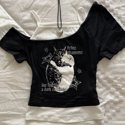 Asthetische Goth Fledermaus Brief Y2K Stil zweitelige T-Shirt Kurzarm Weste Harajuku Streetwear Hosentrger Frauen Kleidung Shirt.